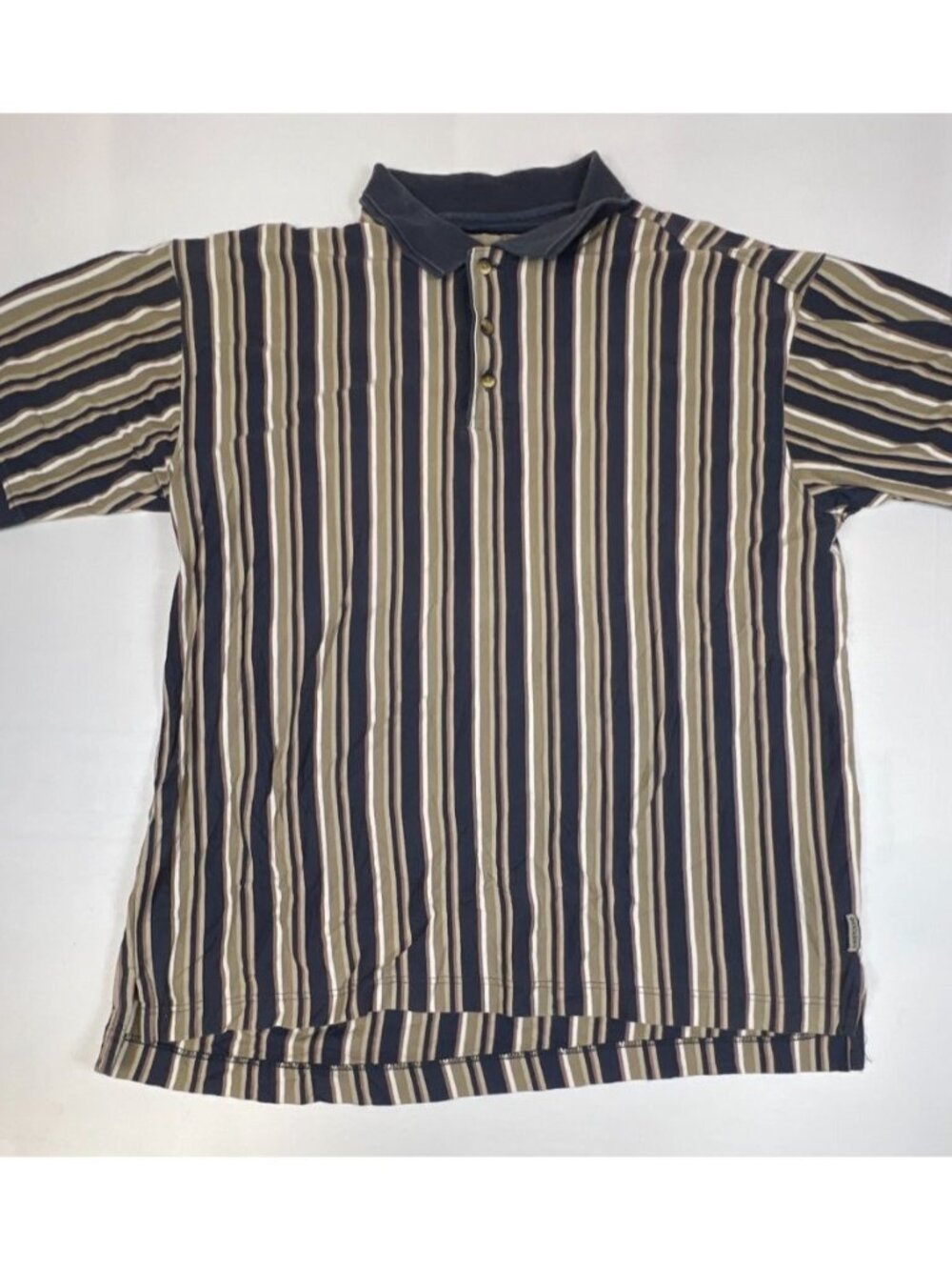 Vintage 90s Dockers Khakiware Vertical Stripe Polo Shirt XL Made in USA Navy Tan